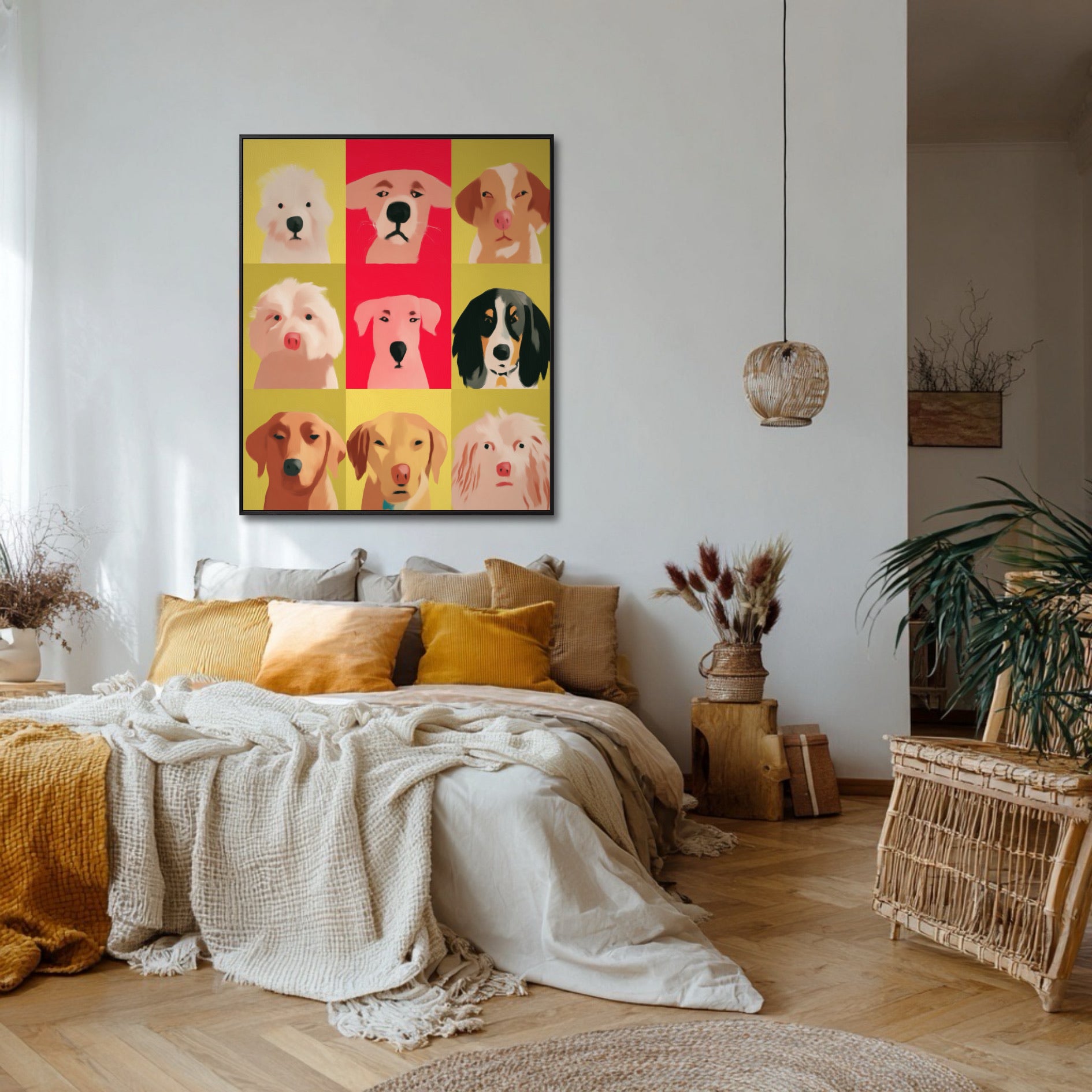 Vibrant dog pop art brightens a cozy bedroom with mustard yellow bedding and textured throws. Boho chic, warm-toned décor.