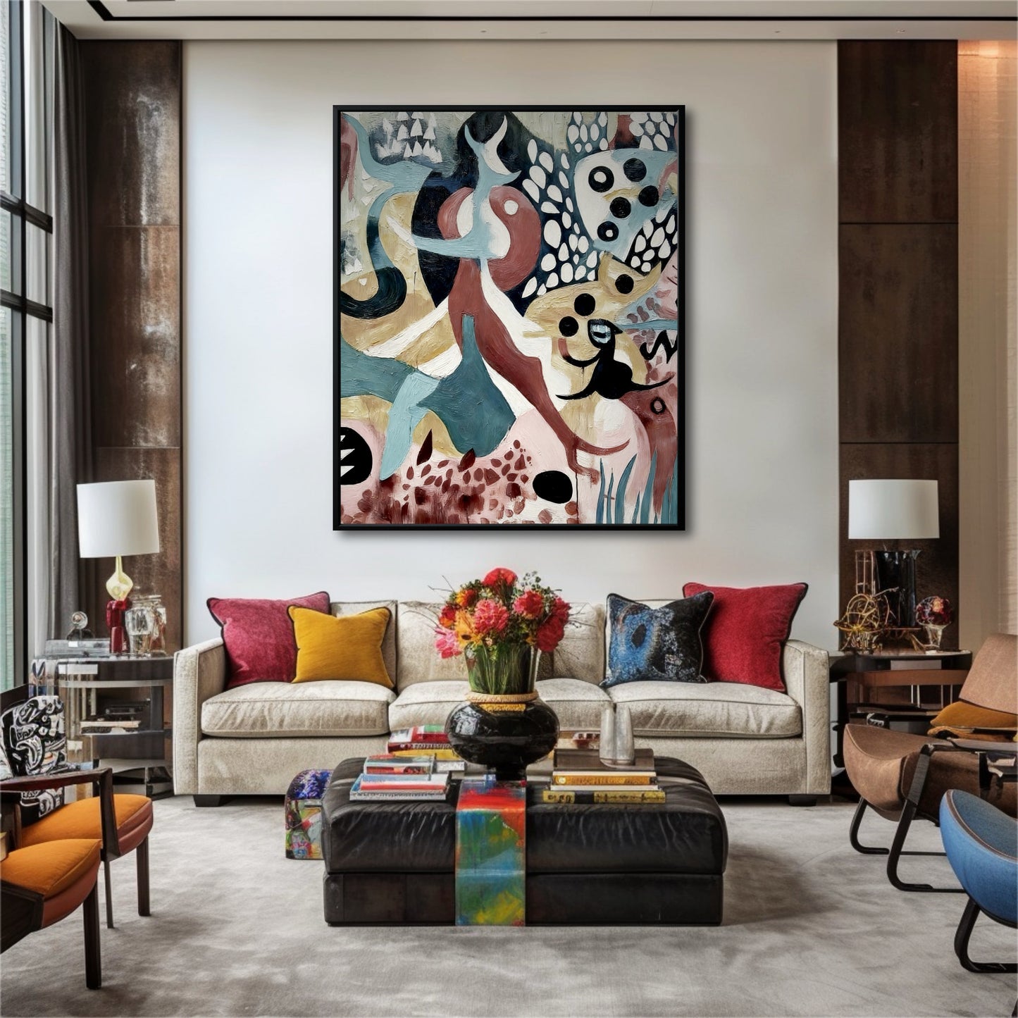 Large abstract painting hangs in a modern living room with colorful red, yellow, and blue pillows.
