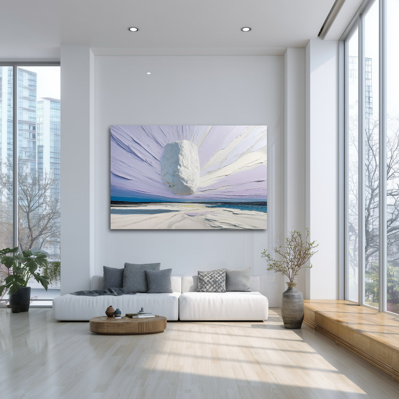 Cool abstract art in a bright, modern living area with high ceilings, tall windows, and neutral minimalist decor.