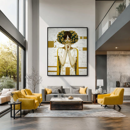 Textured portrait art with a floral crown. Oversized wall art for a modern, open-concept living room with a neutral palette and bold yellow accents.