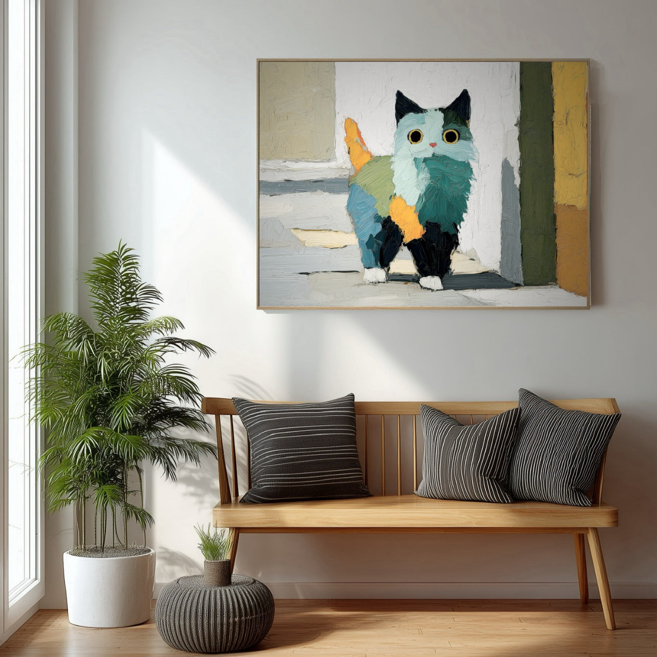 Original colorful cat art hangs above a wooden bench in a bright, minimalist entryway. Cheerful accent piece