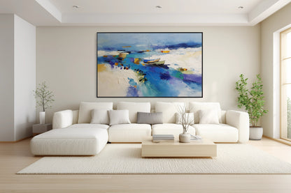 Vibrant abstract coastal art enhancing the light wood and white sectional in a minimalist, sunlit living room for clean aesthetic pop.