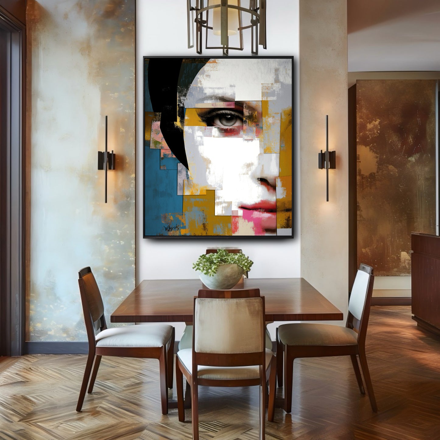 A large abstract face painting hangs in a sophisticated dining room between two wall sconces, centered above a dark wood table.