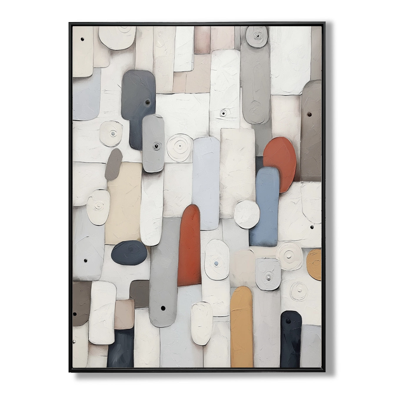 A minimalist abstract hand-drawn oil painting: a vertical geometric human in detailed strokes, warm, and beige tones.
