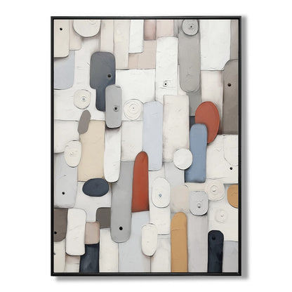 A minimalist abstract hand-drawn oil painting: a vertical geometric human in detailed strokes, warm, and beige tones.
