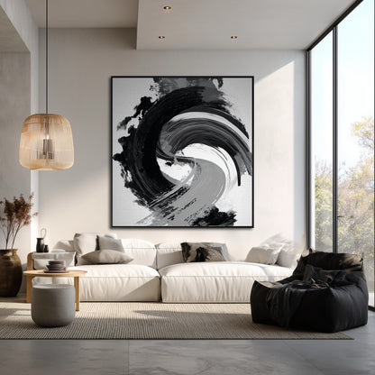 Vertical abstract yin-yang painting in a large, minimalist living room with high ceilings and a white sectional sofa.