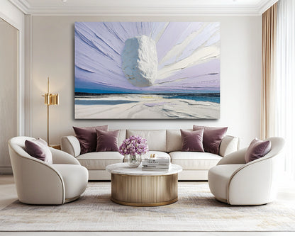 Original textured painting in a luxurious living room, harmonizing cool purples with neutral elegant furniture.