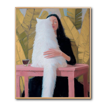 Original oil painting: Woman hugging white cat. Warm, vibrant contemporary portraiture. Pink, gold, and black modern art theme.