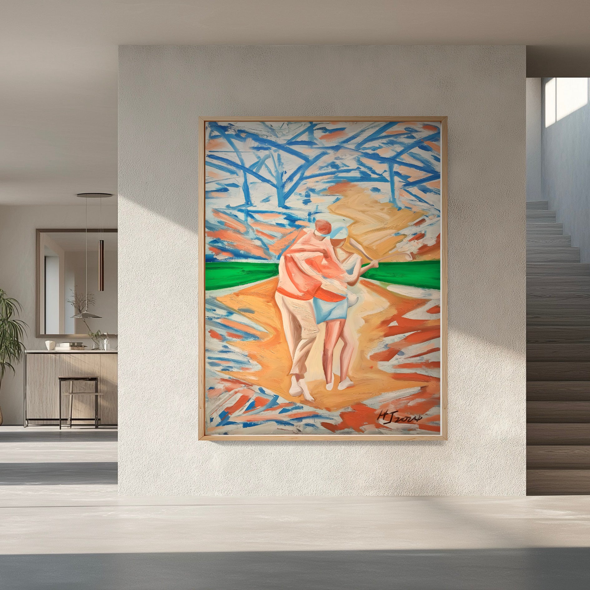 Large colorful golf canvas displayed in a minimalist architectural hall. Dynamic strokes add energy to the bright white space.