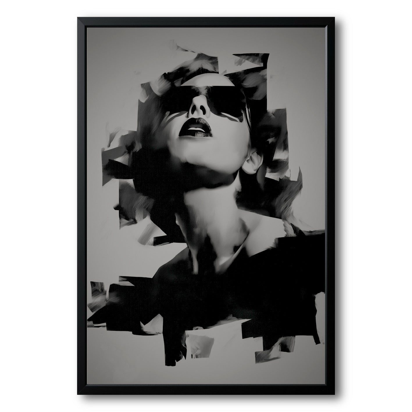 Original framed black and white painting of a glamorous woman in sunglasses, her form fragmented by abstract block shapes.