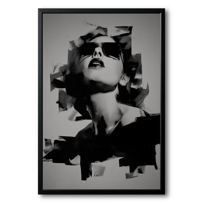 Original framed black and white painting of a glamorous woman in sunglasses, her form fragmented by abstract block shapes.