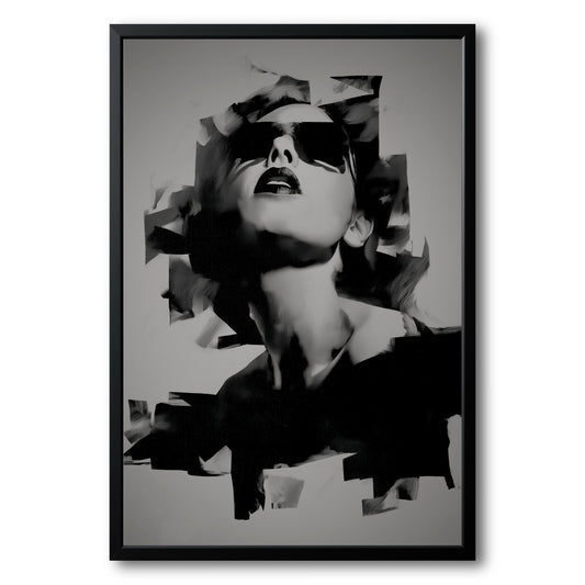 Original framed black and white painting of a glamorous woman in sunglasses, her form fragmented by abstract block shapes.