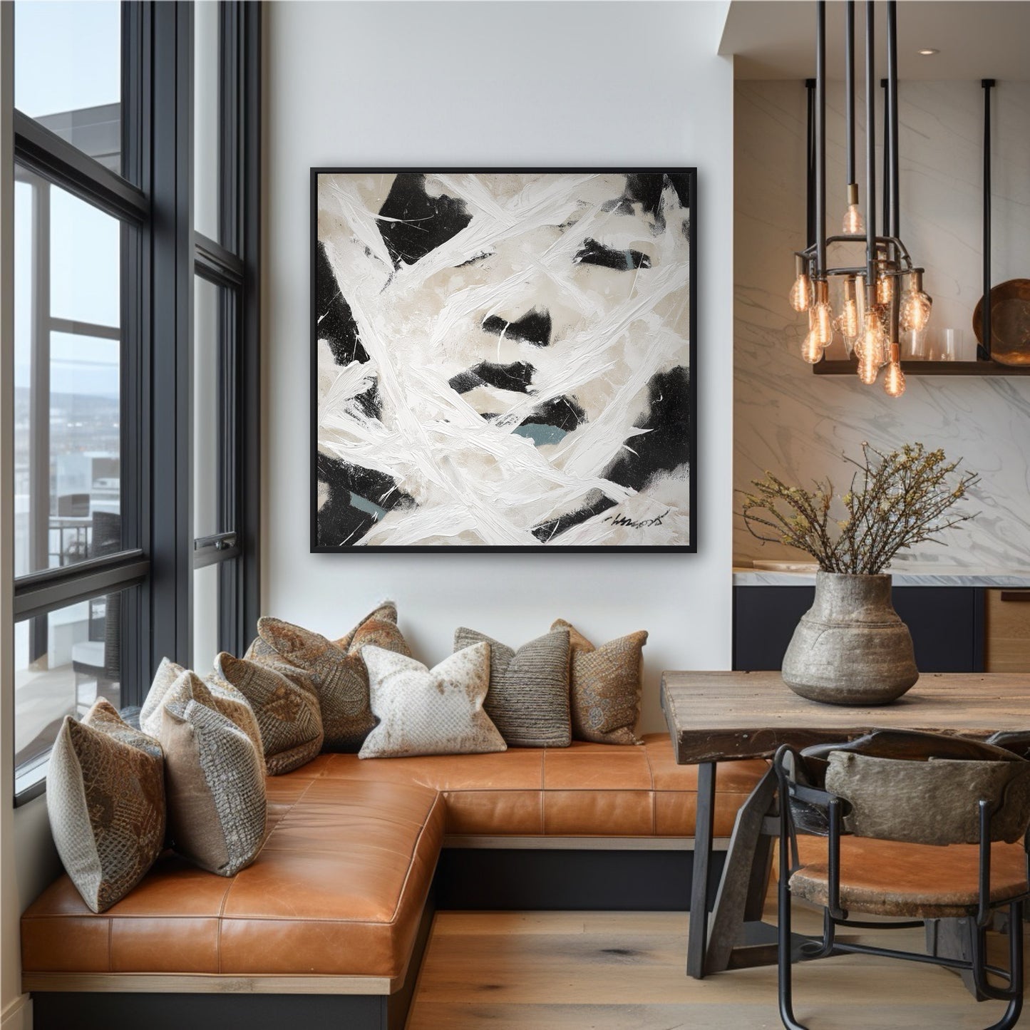 Framed abstract face art hanging in a modern dining nook with a brown leather banquette and industrial-style lighting.