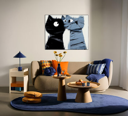 Abstract black and cool blue cat art over a warm beige sofa, complementing navy blue rug and orange pillows in a contemporary living space.