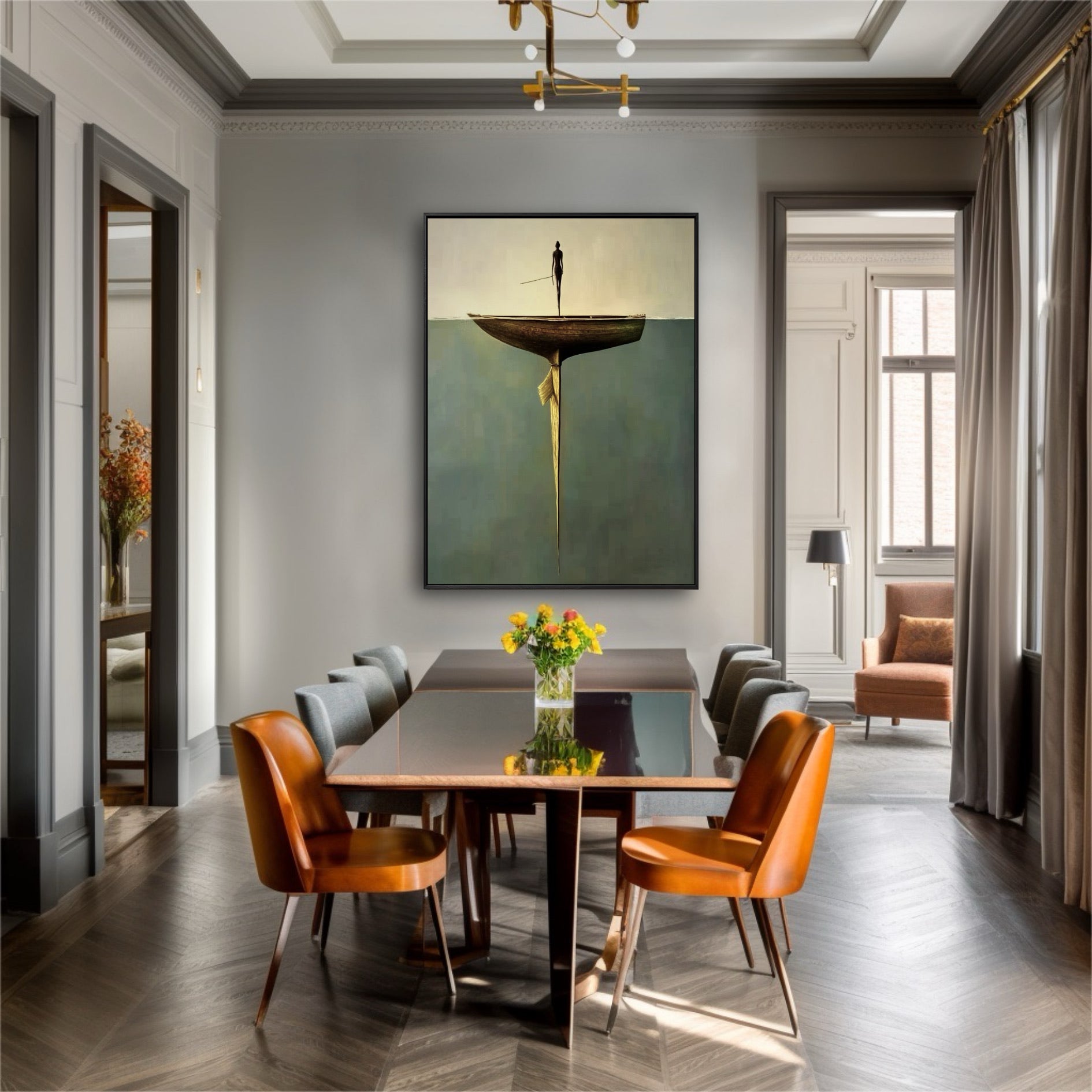 The minimalist, surreal painting adds a contemplative focal point, contrasting the classic molding and warm orange chairs of this formal dining room.