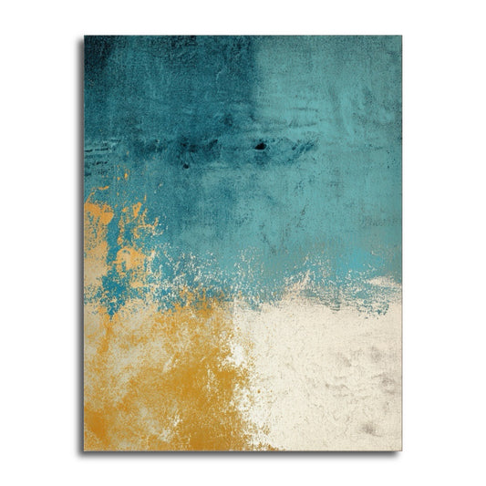 Large abstract canvas art. Textured teal, gold, and white painting. Modern coastal wall decor for a sophisticated, calming space.