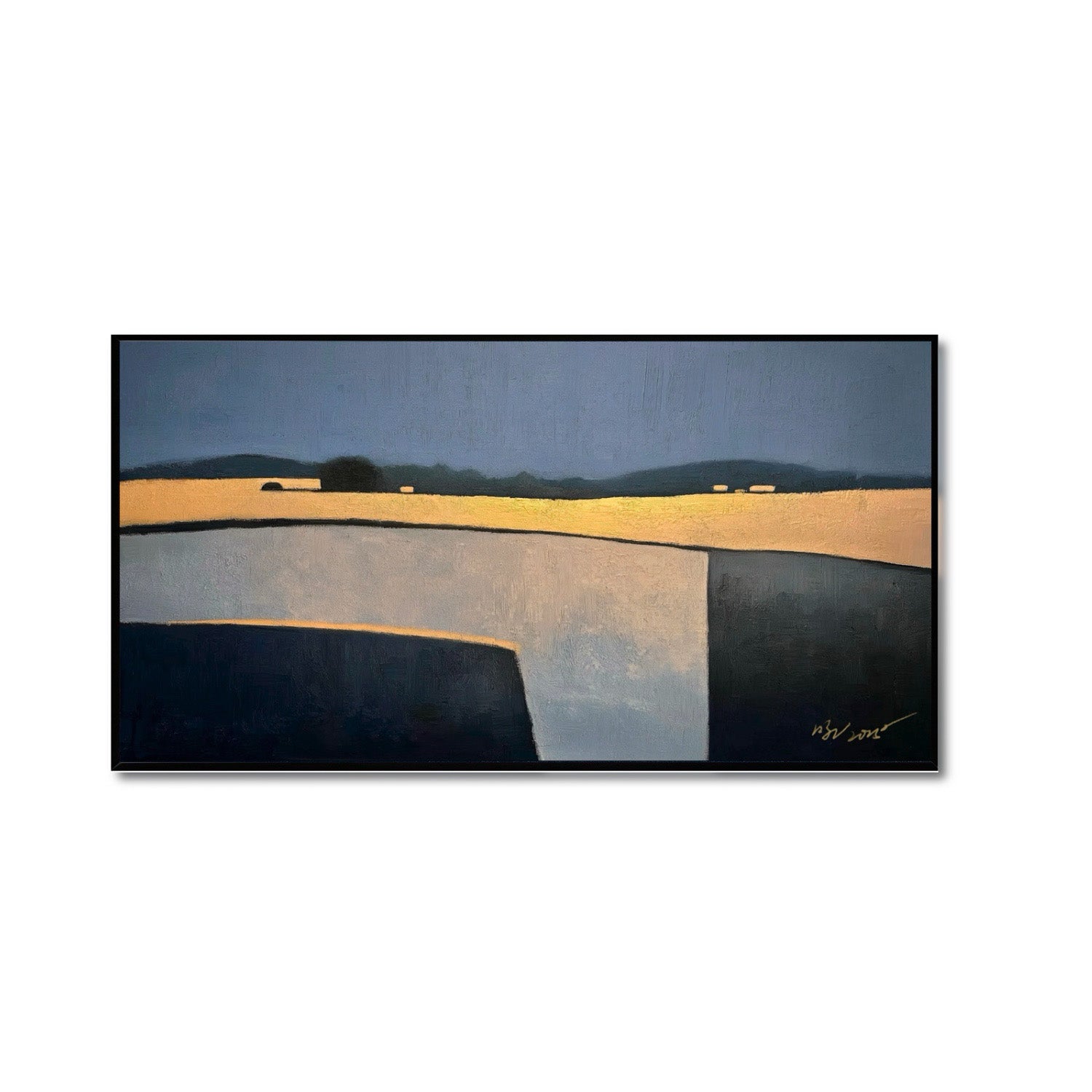 Original abstract landscape painting. Bold contrast of cold navy blue and warm gold horizon. Modern hand-made art, original minimalist style.