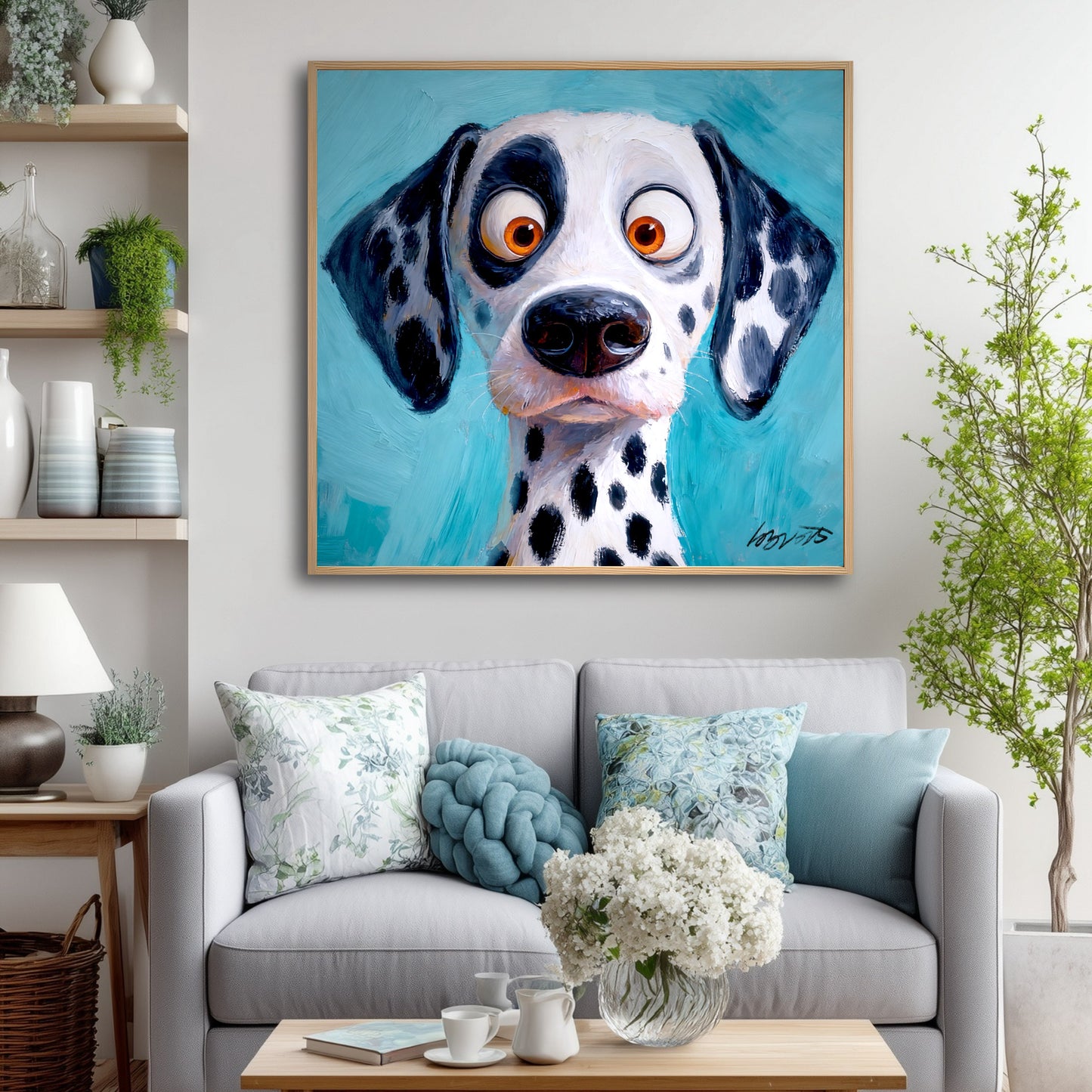 Funny Dalmatian dog art adds a pop of color to a neutral living room with a grey sofa and light blue pillows.