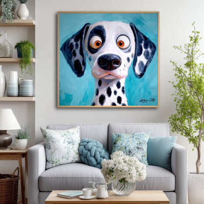 Funny Dalmatian dog art adds a pop of color to a neutral living room with a grey sofa and light blue pillows.