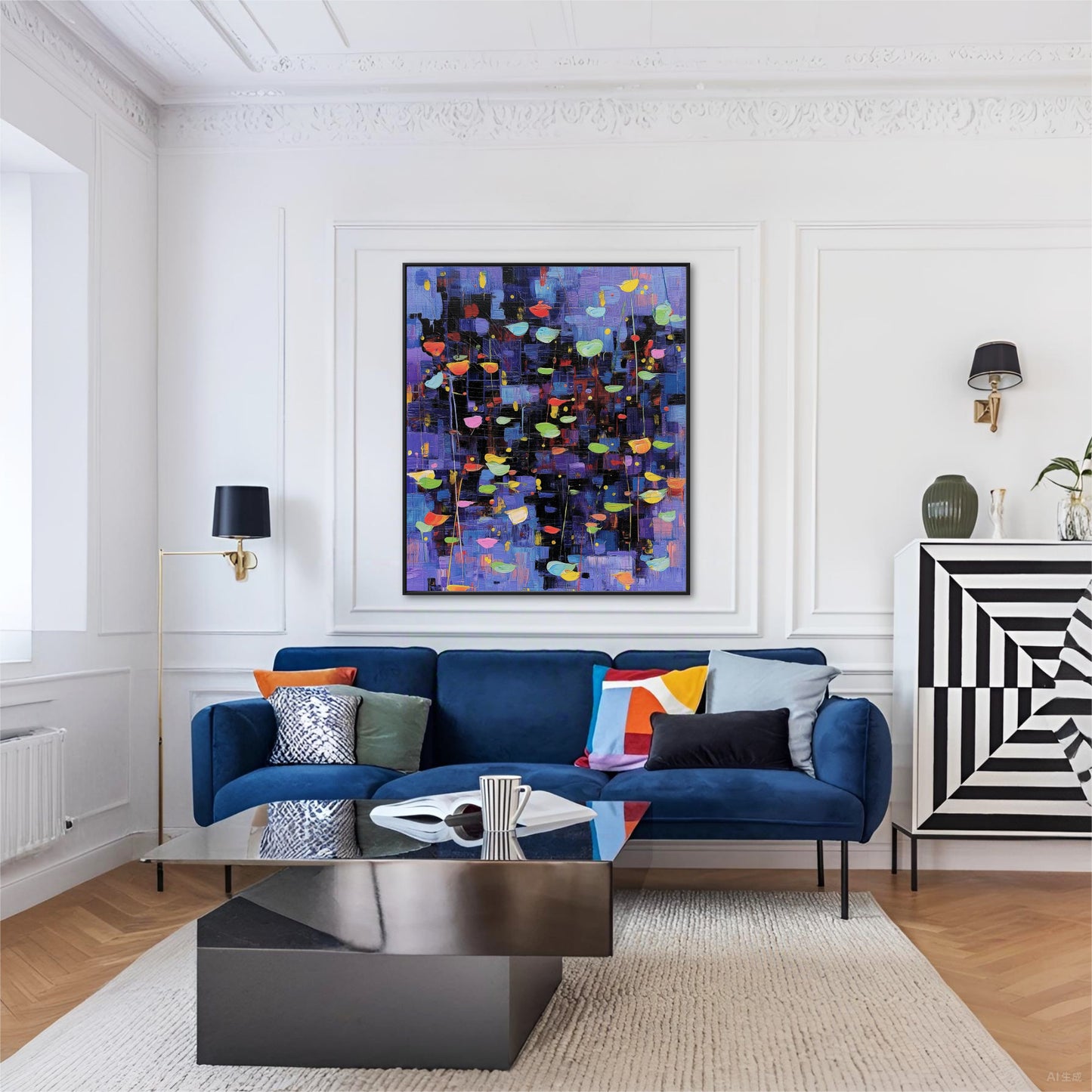 Vibrant original abstract art provides a dynamic pop of color above a blue velvet sofa in a classic white room with a striped cabinet.