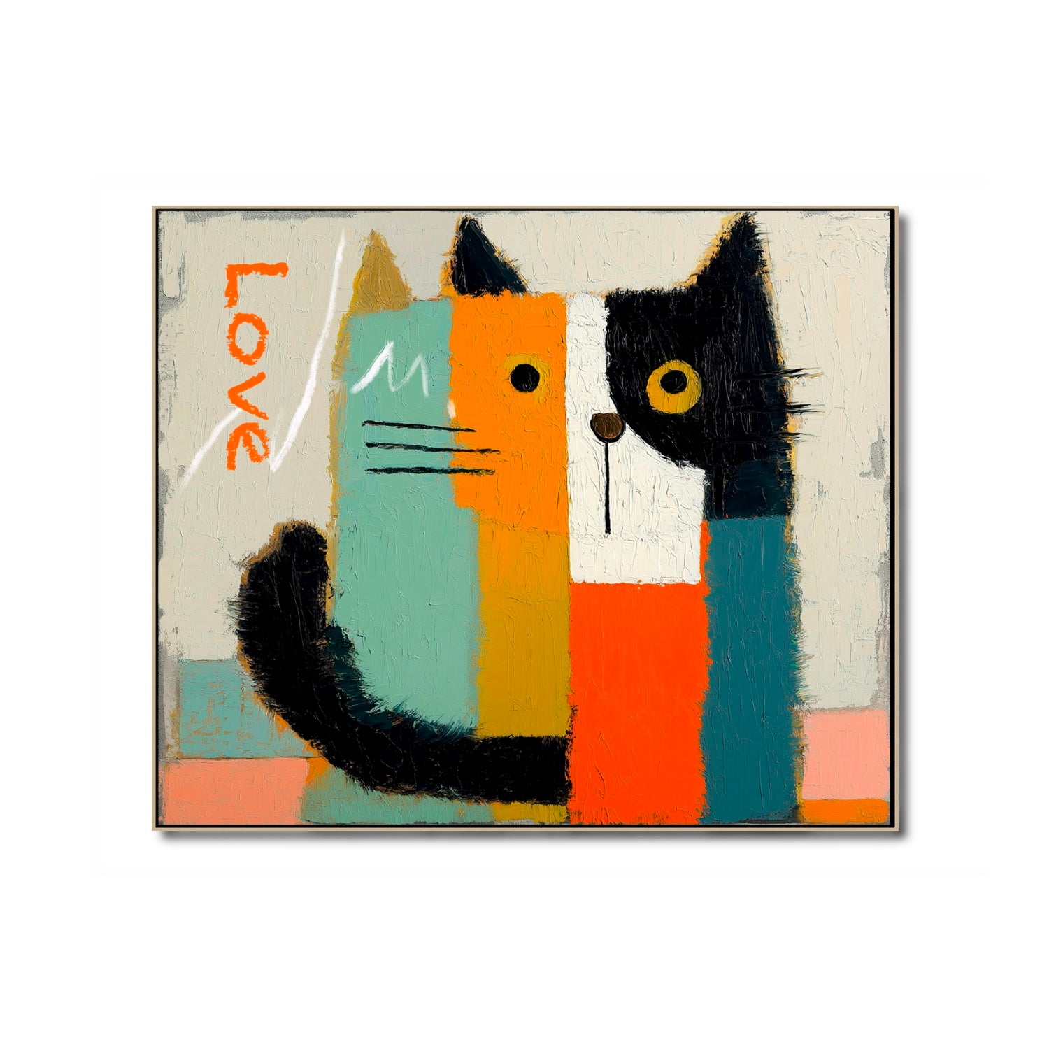 Original modern whimsical cat painting. Abstract color block portrait, horizontal. High texture with orange, teal, black. Neutral-warm.
