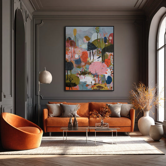 Original abstract figurative painting over a vibrant orange sofa, its whimsical warm colors popping against the elegant, dark paneled wall.