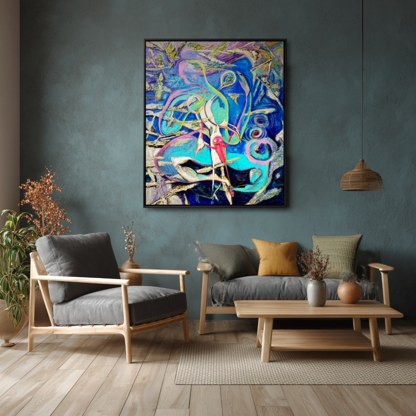 A room pic shows an expressionist, futuristic deco painting, creating bold, elegant, and sophisticated vibes.	
