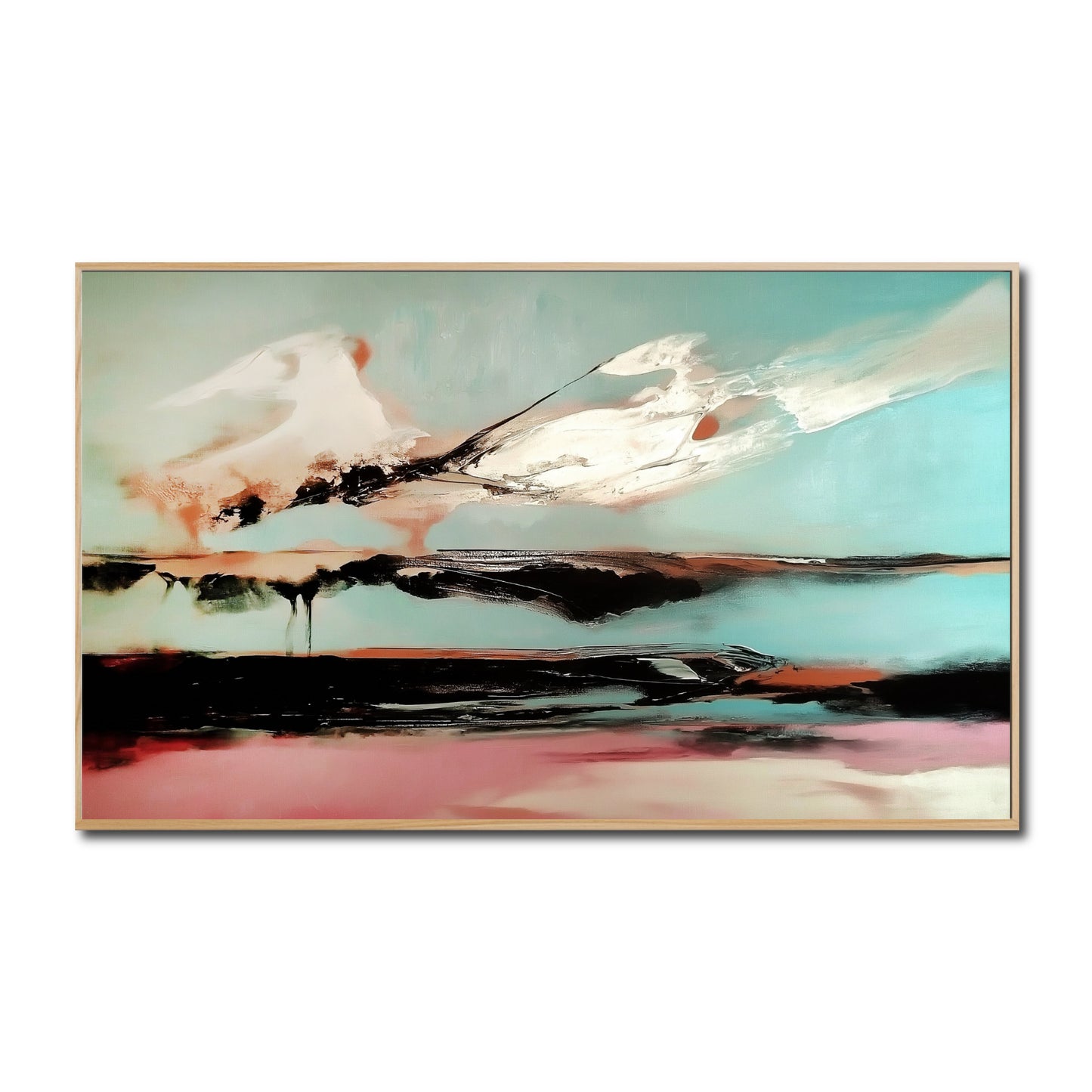 Original abstract landscape painting in a light wood frame, featuring a bold contrast of teal, pink, black, and white.