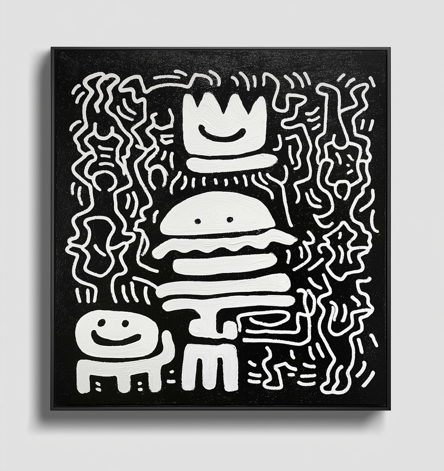 Original abstract pop art painting: high-contrast black and white oil/acrylic of a smiling crowned burger figure.