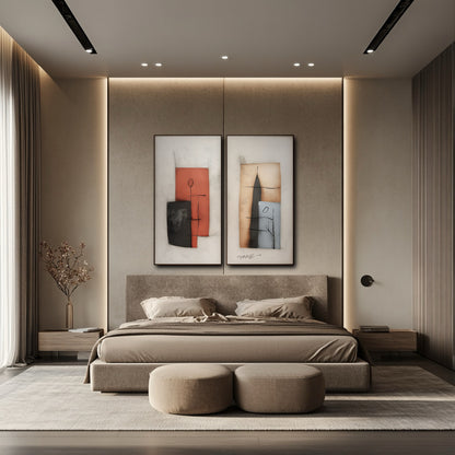 Abstract duo hangs above a tan headboard, unifying the neutral, luxurious bedroom design with subtle red and black blocks for an intimate feel.