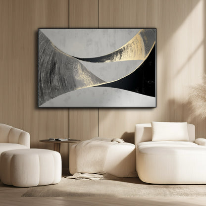 Large abstract painting with gold accents hanging on a light wood slat wall above a modern cream sectional sofa.