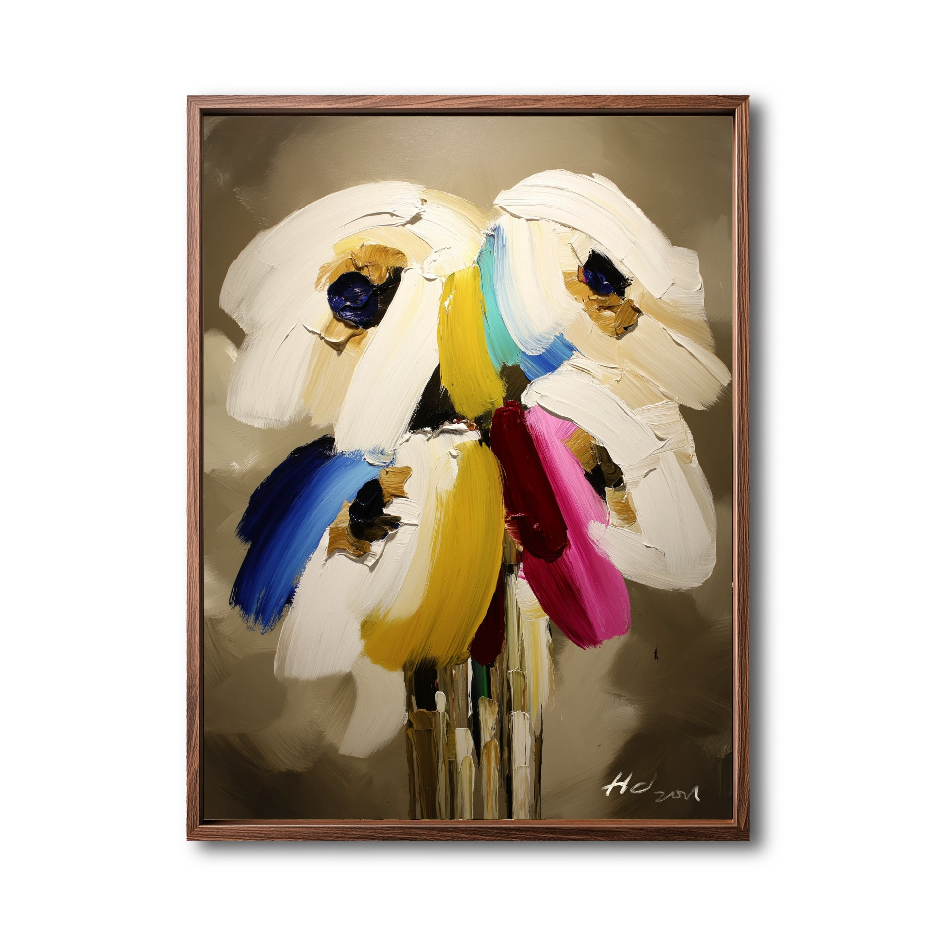 Original abstract impasto floral painting. Neutral warm tones with vibrant blue, yellow, and pink textured strokes. Modern art.