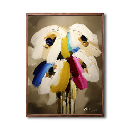 Original abstract impasto floral painting. Neutral warm tones with vibrant blue, yellow, and pink textured strokes. Modern art.