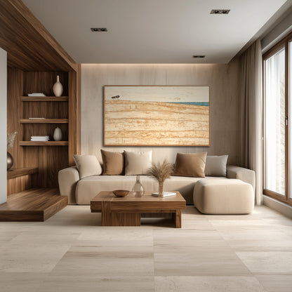 Highly textured original art contrasts sleek dark wood shelving and minimalist furniture in this luxurious modern living space.