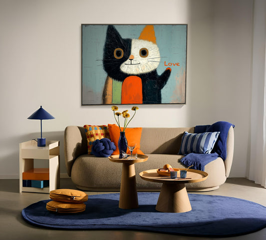Original cat painting anchors a minimalist room with curved beige sofa, deep blue rug, and modern accent tables.
