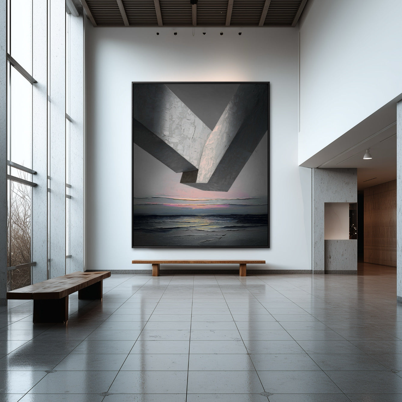 Original large-scale abstract painting commands a minimalist gallery with high ceilings, tall windows, and wooden benches; an imposing artistic focal point.