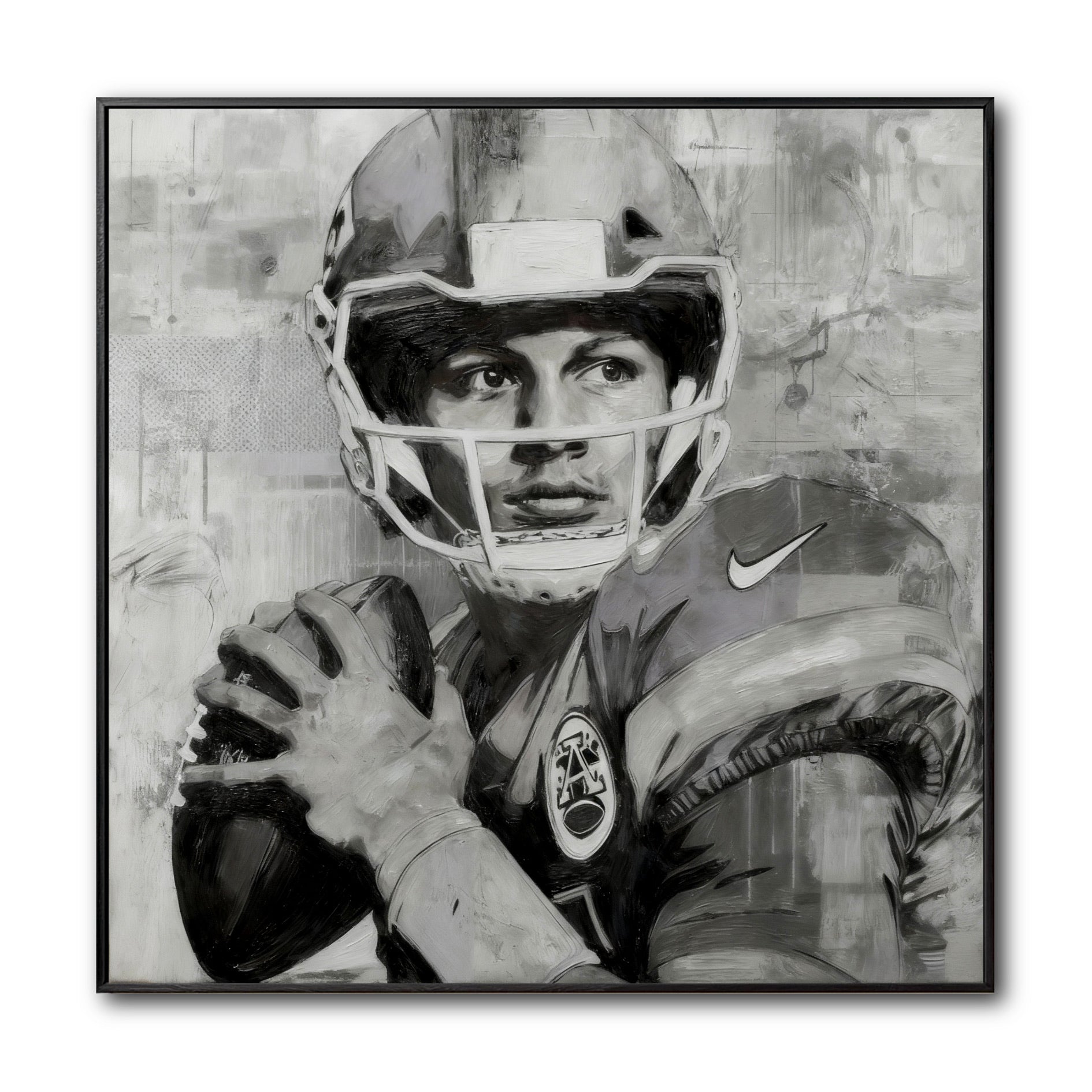 Original framed black and white painting of a football quarterback in a helmet, focused and ready to throw the ball.