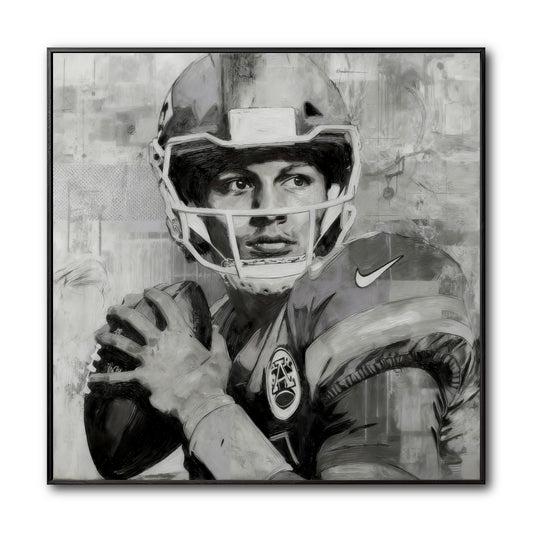 Original framed black and white painting of a football quarterback in a helmet, focused and ready to throw the ball.