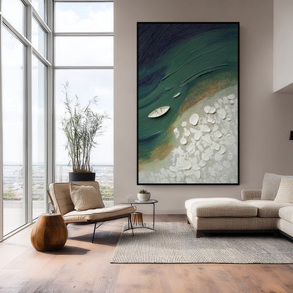 Dramatic vertical impasto seascape complementing the high-rise city view and floor-to-ceiling windows in a luxurious minimalist apartment.