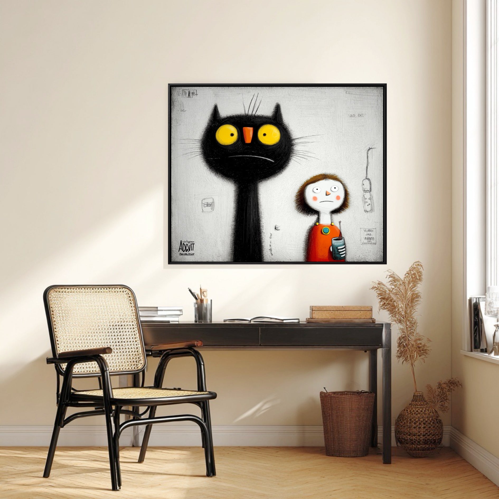 A whimsical black cat painting adds a touch of creative personality above a modern desk and cane chair in a bright home office nook.