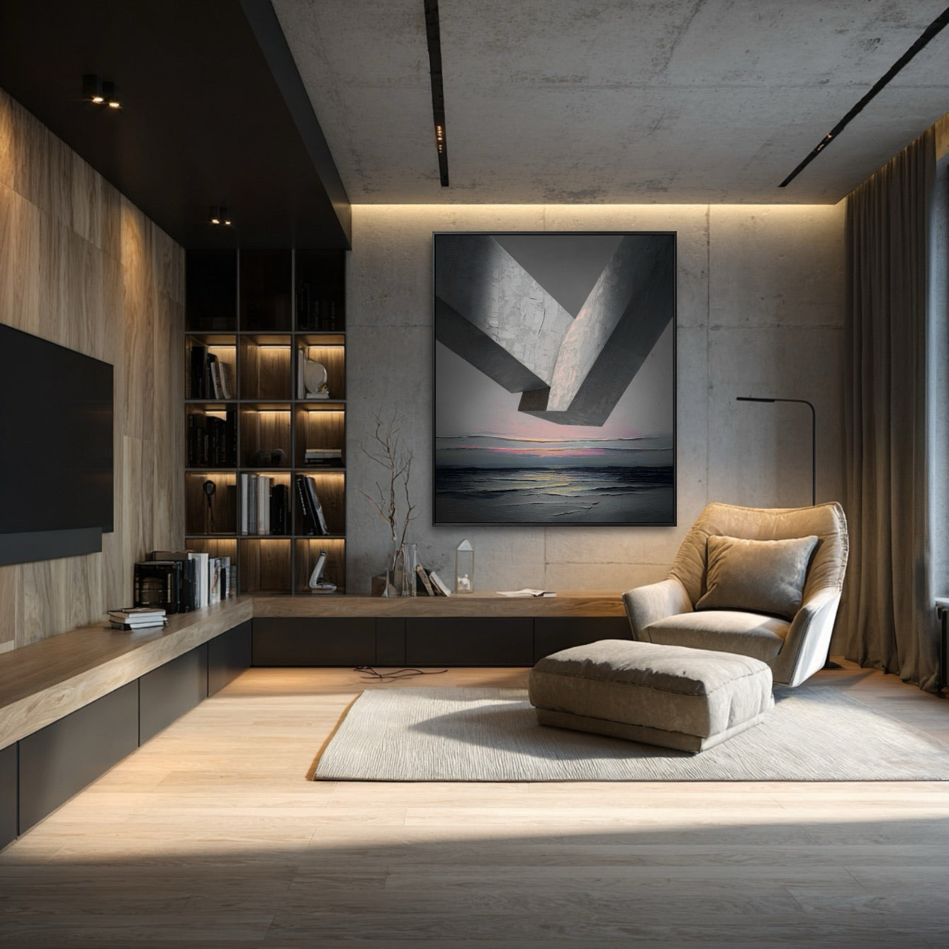 Original architectural art dramatically contrasts with the plush velvet chairs and ottoman, creating a sophisticated and bold statement in this modern lounge.