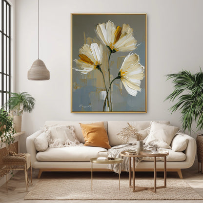 Abstract white blossom painting in a warm boho interior. Earthy yellow accents harmonize with indoor plants and organic decor.