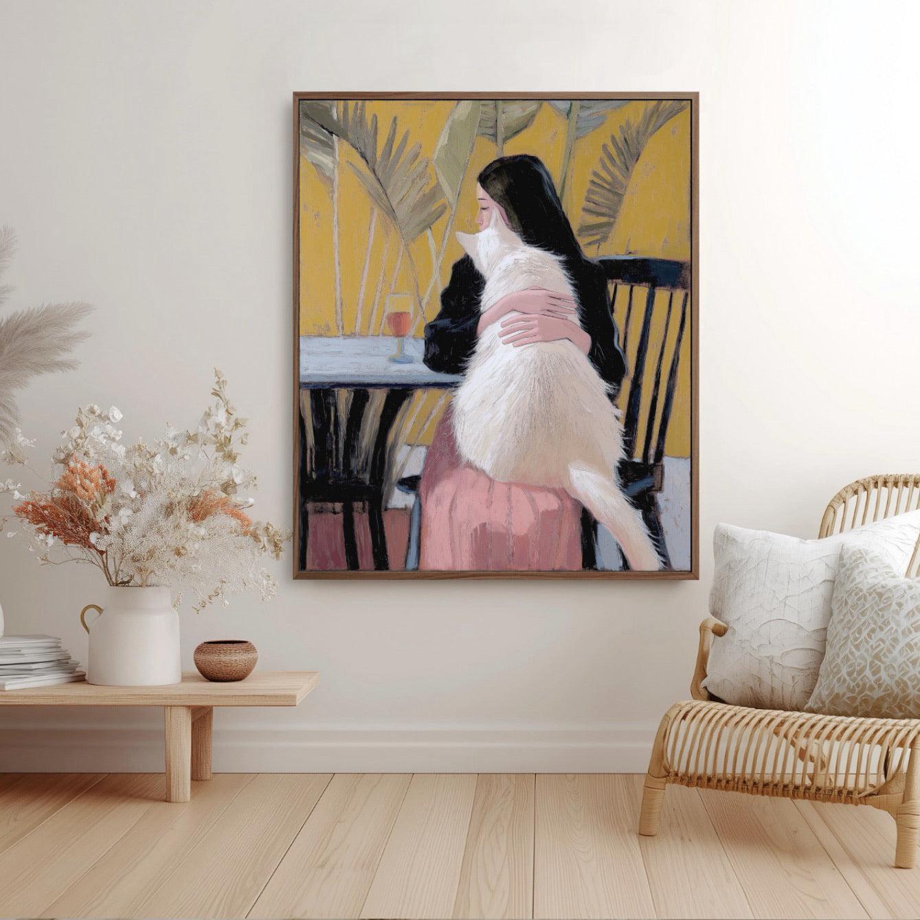 Original oil painting complements a bohemian interior. Rattan chair, wood shelf, dried florals, and a natural wood floor create a cozy vibe.