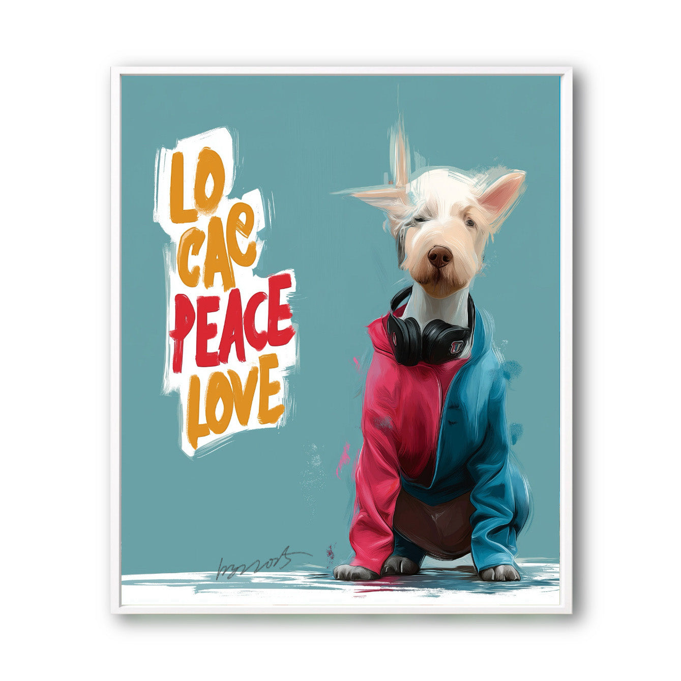 Original abstract dog painting in a blue/red jacket with headphones. PEACE LOVE graffiti street art style.