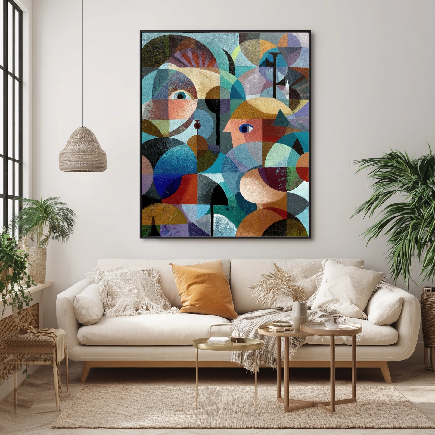 Abstract geometric portrait art adds vibrant color and artistic flair above a bright, natural-toned living room sofa.