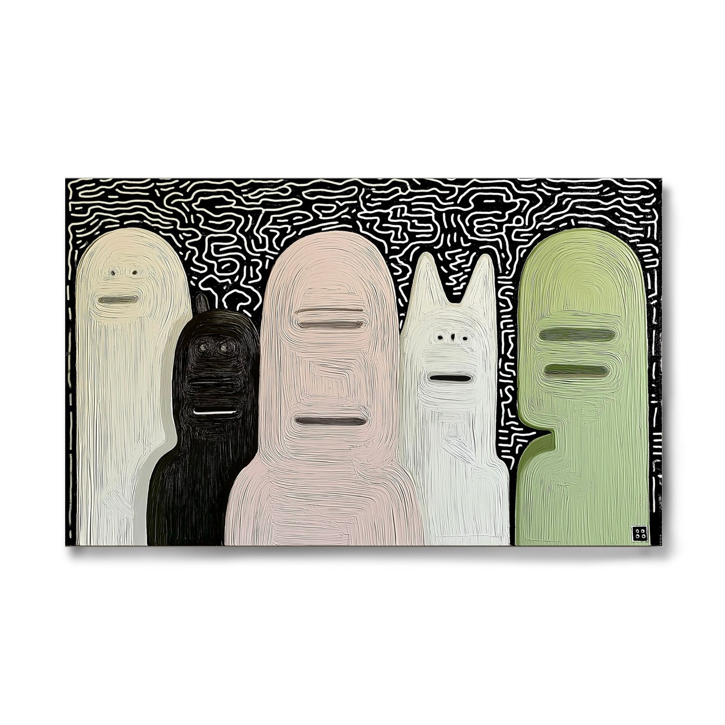 Original modern figurative fine art. Abstract group portrait painting with thick texture. Black, white, pink, and green. Neutral/cool.