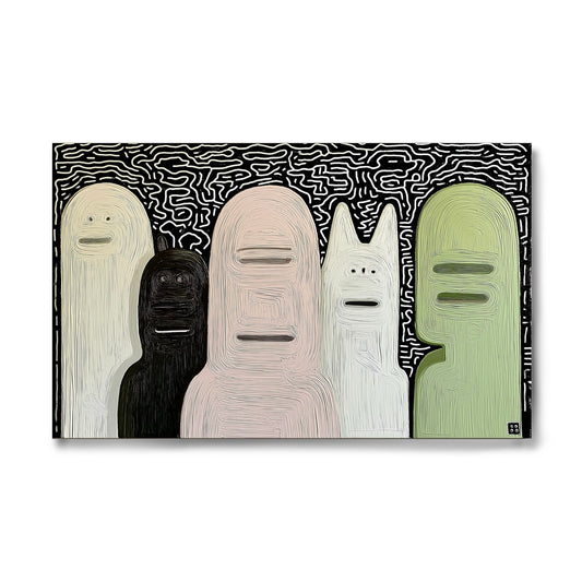 Original modern figurative fine art. Abstract group portrait painting with thick texture. Black, white, pink, and green. Neutral/cool.