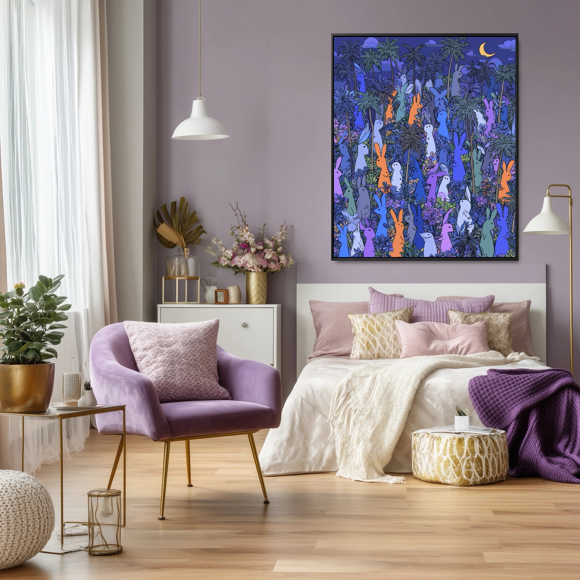 Dark, eclectic rabbit art adds a mysterious, colorful focal point to a plush, velvet-accented, cool-toned lavender bedroom.