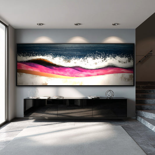 A large, original abstract seascape painting with pink and blue hangs in a modern hallway above a black console table.