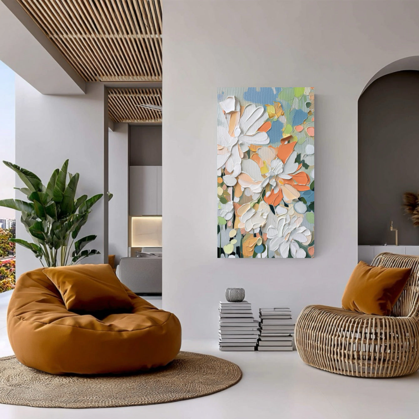 Abstract floral canvas provides a pop of color/texture in a minimalist, open-concept room with wood ceiling, rattan chairs, and warm orange accents.